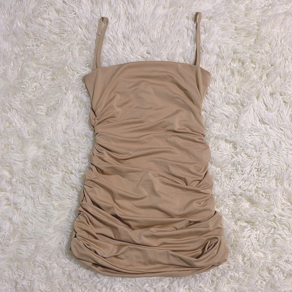 Camel beige butterscotch ruched sides silky mini dress long top XS double lined